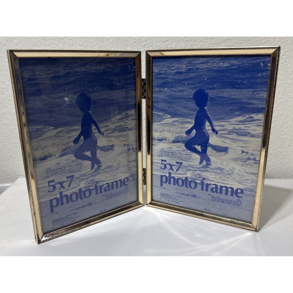 Vtg Intercraft Bi-fold Double Photo Frame Gold 5x7 Photos Original Backgrounds‎